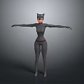 3D Female Character Model With Cat Ear Headpiece Gray Bodysuit Red Belt Arms Outstretched Pose