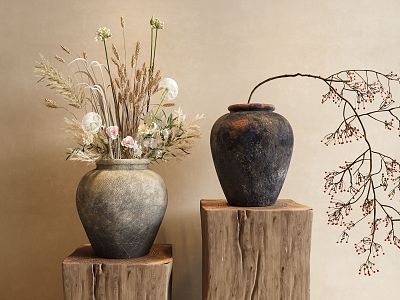 Quiet Flower Art Pottery Pot Flower Art Vase Flower Art Potted Plant Old Wood Flower Dried Branches Decoration 3d model