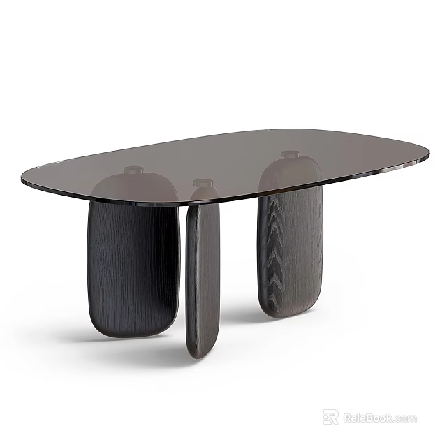 Modern Dining Table With Glass Top And Textured Dark Support Legs 3d model 