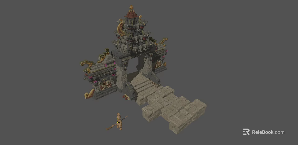 Cartoon Scene of Ancient Stone Gate with Dragon Ornaments and Spear Holding Character 3d model 