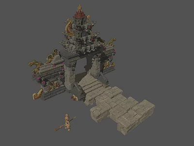 Cartoon Scene of Ancient Stone Gate with Dragon Ornaments and Spear Holding Character 3d model