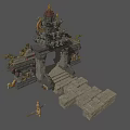 Cartoon Scene of Ancient Stone Gate with Dragon Ornaments and Spear Holding Character