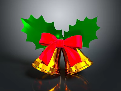 Christmas Decorative Ornament With Golden Bells Green Leaves And Red Bow 3d model