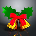 Christmas Decorative Ornament With Golden Bells Green Leaves And Red Bow