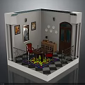 Charming Interior Scene With White Walls Decorative Paintings Red Chairs Wooden Cabinet And Checkered Floor