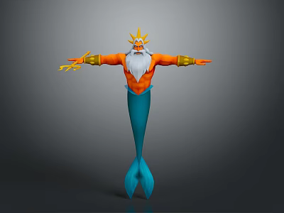 Game Movie Character With Golden Crown White Beard Orange Arms Blue Mermaid Tail Outstretched Arms 3d model
