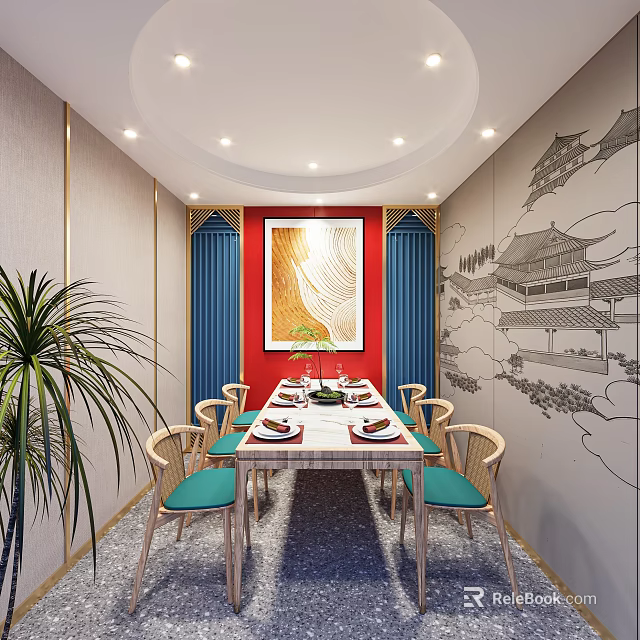 Private Dining Room With Red Accent Wall Blue Curtains Dining Table Chairs And Chinese Murals 3d model 