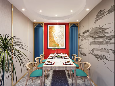 Private Dining Room With Red Accent Wall Blue Curtains Dining Table Chairs And Chinese Murals 3d model