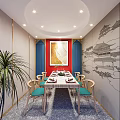 Private Dining Room With Red Accent Wall Blue Curtains Dining Table Chairs And Chinese Murals