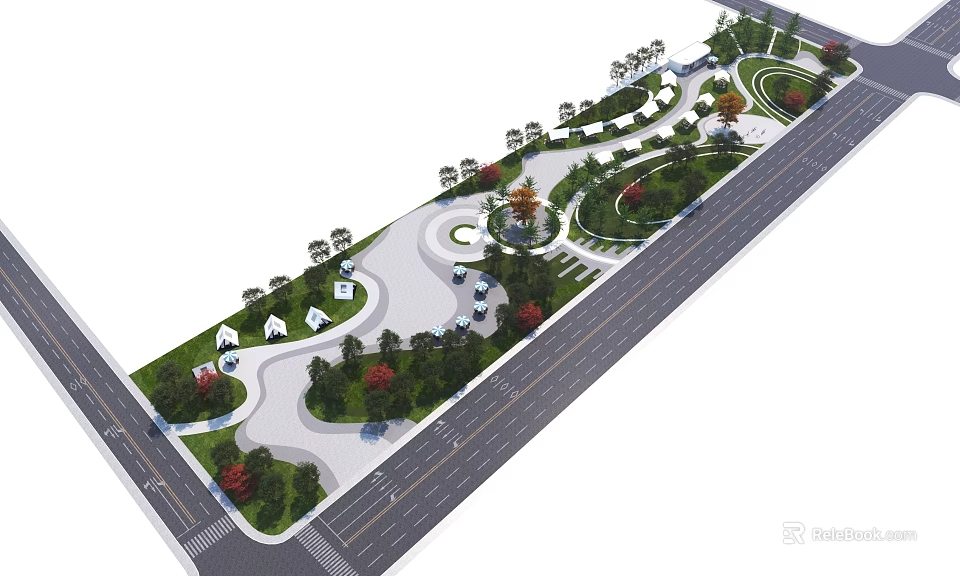 Scenic Urban Park Landscape With Winding Pathways Green Lawns And Shaded Rest Areas 3d model 