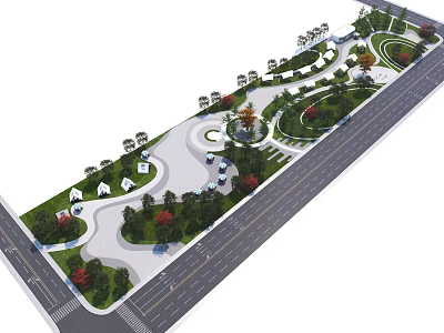 Scenic Urban Park Landscape With Winding Pathways Green Lawns And Shaded Rest Areas 3d model