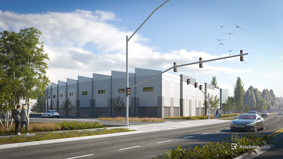 Modern Industrial Factory Building Exterior With Road Street Lights Cars And Trees Under Cloudy Sky 3d model 