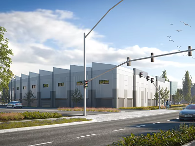 Modern Industrial Factory Building Exterior With Road Street Lights Cars And Trees Under Cloudy Sky 3d model