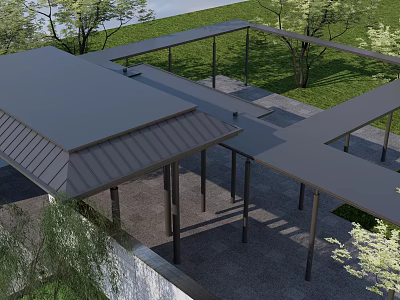 Modern Pergola Design With Metal Frame Gray Roof And Green Lawn 3d model