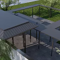 Modern Pergola Design With Metal Frame Gray Roof And Green Lawn