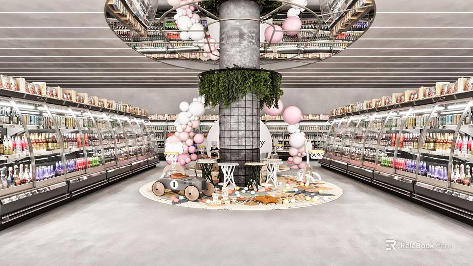Supermarket Interior With Circular Shelves Full Of Various Goods Central Green Plant And Pink Balloons 3d model 