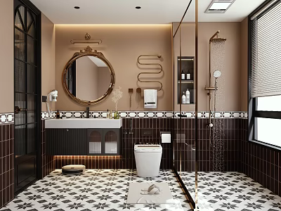 Modern Bathroom Interior With Round Mirror White Toilet Glass Shower Enclosure And Brown Tile Walls 3d model