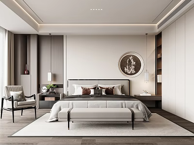 Elegant Modern Bedroom Interior With Bed Circular Artwork Nightstands Bench At Foot Rug And Armchair 3d model