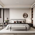 Elegant Modern Bedroom Interior With Bed Circular Artwork Nightstands Bench At Foot Rug And Armchair