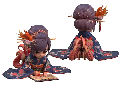 Traditional Japanese Style Decorative Figurine Set With Kimono Purple Hair And Butterfly Wings Sitting 3d model
