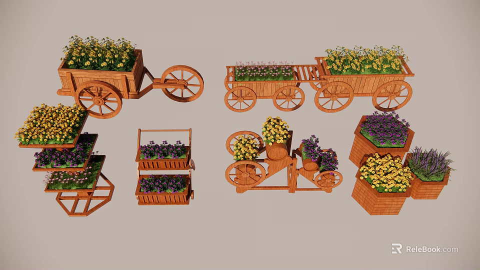 Wooden Decorative Flower Planters With Wheels And Colorful Garden Flowers for Outdoor Decoration 3d model 