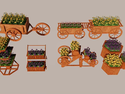 Wooden Decorative Flower Planters With Wheels And Colorful Garden Flowers for Outdoor Decoration 3d model