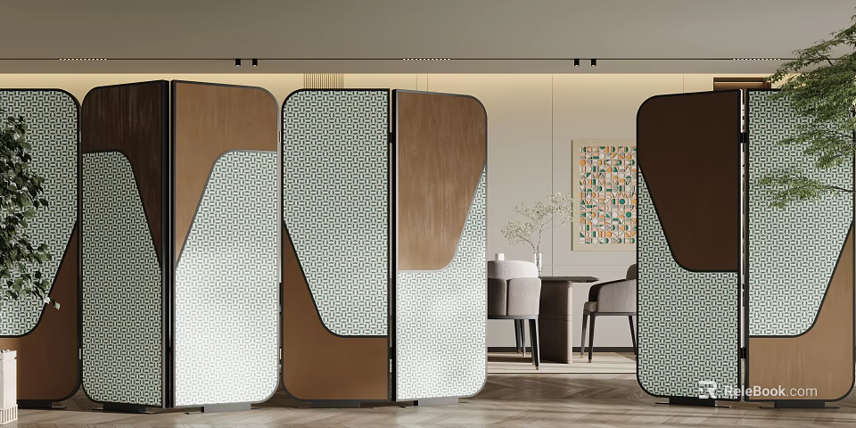 Modern Room Divider Screens With Geometric Patterns And Wooden Panels 3d model 