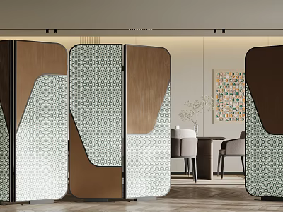 Modern Room Divider Screens With Geometric Patterns And Wooden Panels 3d model