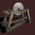 Rustic Decorative Garden Ornament With Stone Millstone And Wooden Stand Structure