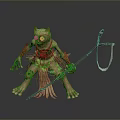 Mystical Creature With Cat Like Head Green Eyes Red Ears Holding Staff And Decorative Outfit