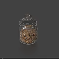 Transparent Glass Storage Jar With Glass Lid Containing Brown Granules For Home Use
