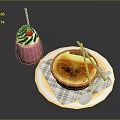 Creamy Crème Brûlée And Purple Smoothie With Cherry Topping Striped Straw Checkered Napkin And Spoon