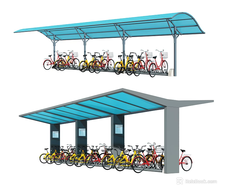 Bicycle Parking Canopy With Blue Transparent Roof And Colored Bikes Storage 3d model 