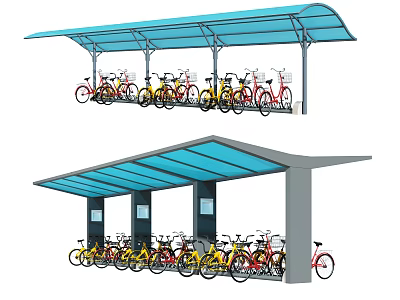 Bicycle Parking Canopy With Blue Transparent Roof And Colored Bikes Storage 3d model