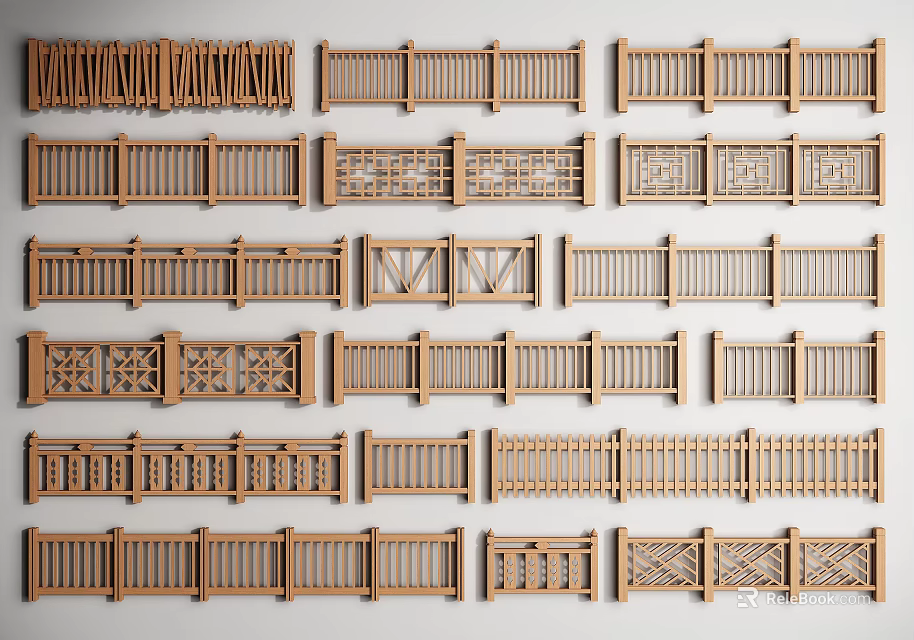 Various Styles Of Wooden Garden Fences With Decorative Railings And Patterns 3d model 