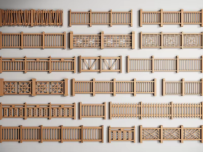 Various Styles Of Wooden Garden Fences With Decorative Railings And Patterns 3d model