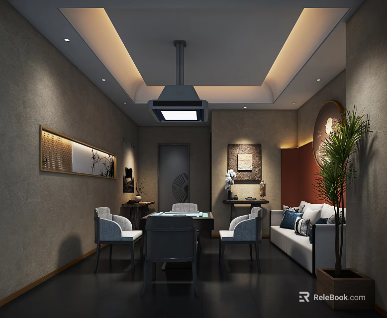 Elegant Hotel Mahjong Room Interior With Mahjong Table Chairs Sofa And Decorative Paintings 3d model 