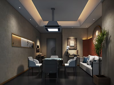 Elegant Hotel Mahjong Room Interior With Mahjong Table Chairs Sofa And Decorative Paintings 3d model