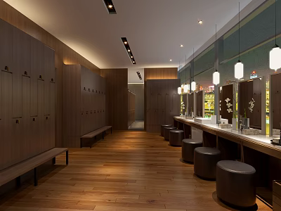 SPA Sauna Changing Room With Wooden Lockers Benches Mirrors Round Stools Wooden Flooring And Bright Lighting 3d model