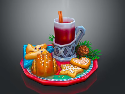 Festive Holiday Food Platter With Mulled Wine Cinnamon Stick Cookies And Pine Decorations 3d model
