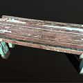 Public Wooden Bench With Weathered Peeling Paint And Blue Green Legs