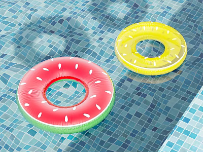 Colorful Inflatable Swimming Rings As Water Sports Equipment Floating On Blue Mosaic Pool Tiles 3d model