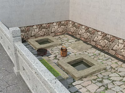 Charming Garden Ornament With Stone Walls Square Water Basins Wooden Bucket And Green Grass 3d model
