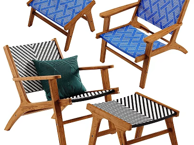 Stylish Accent Chairs With Wooden Frame Blue Pattern Black White Striped Fabric And Matching Ottoman 3d model
