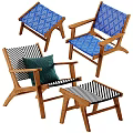 Stylish Accent Chairs With Wooden Frame Blue Pattern Black White Striped Fabric And Matching Ottoman