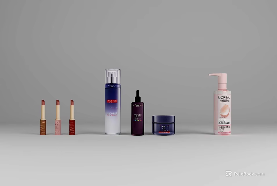Various Perfume Cosmetics Lipsticks Bottled Skincare Lotion Serum Cream Jars Neatly Arranged Modern Grey Background 3d model 