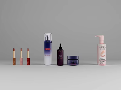 Various Perfume Cosmetics Lipsticks Bottled Skincare Lotion Serum Cream Jars Neatly Arranged Modern Grey Background 3d model