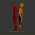 Two Superheroes in Red and Yellow Costumes with Lightning Logo Standing on Brick Platform