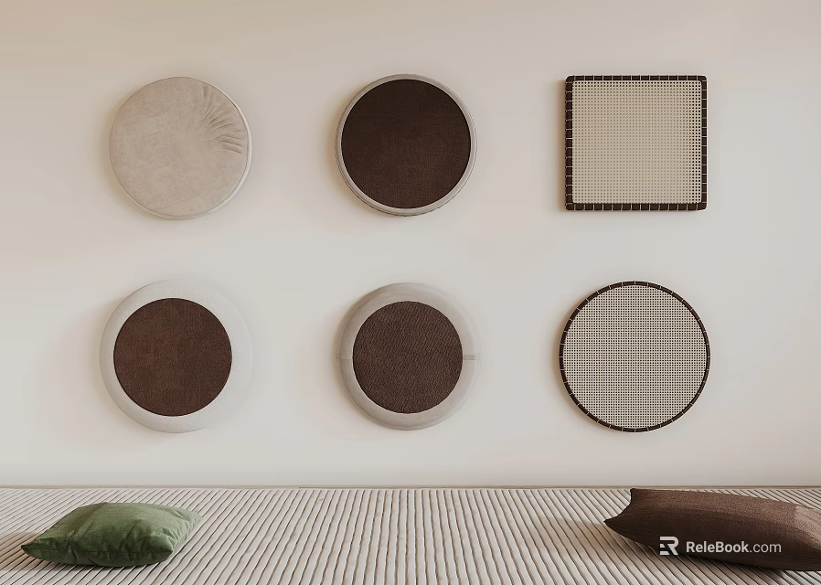 Decorative Circular And Square Wall Hangings With Floor Cushions In Neutral Tones 3d model 