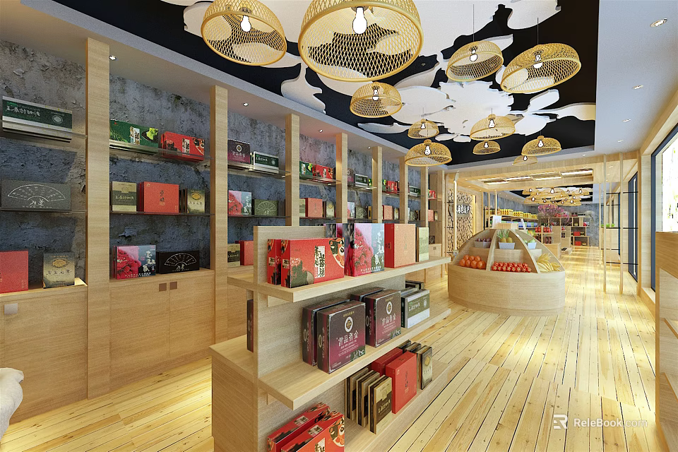 Elegant Specialty Store Interior with Wooden Shelves Various Packaged Products and Cloud Shaped Ceiling Lights 3d model 